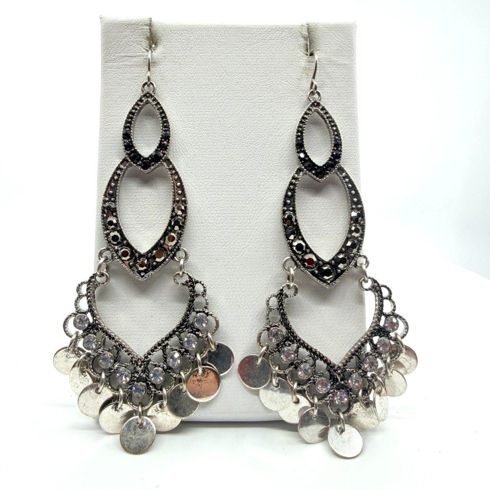 VTG Silver Tone Teardrop Chandelier Earrings with Rhinestones